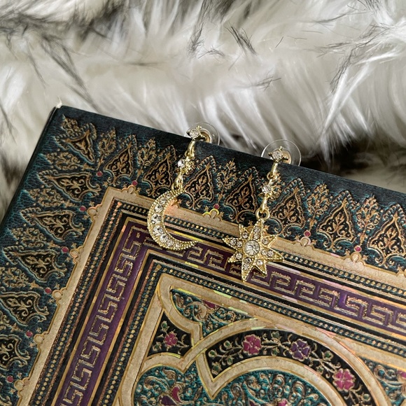 Gold Celestial Moon & Star Drop Dangle Earrings - Picture 5 of 6